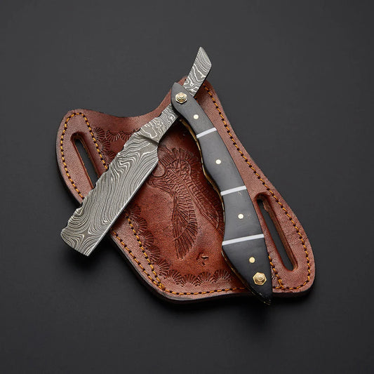 Custom Handmade Damascus Steel Straight Razor with Leather Sheath | Knives Zone