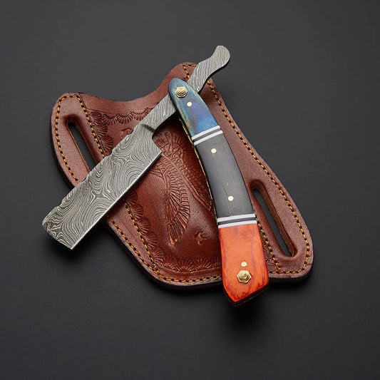 Custom Handmade Damascus Steel Straight Razor with Leather Sheath – Traditional Wet Shaving Tool