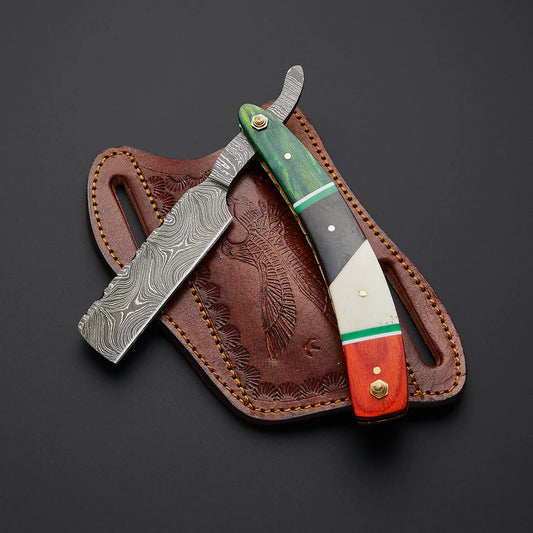 Custom Handmade Damascus Steel Straight Razor with Leather Sheath – Traditional Wet Shaving Tool
