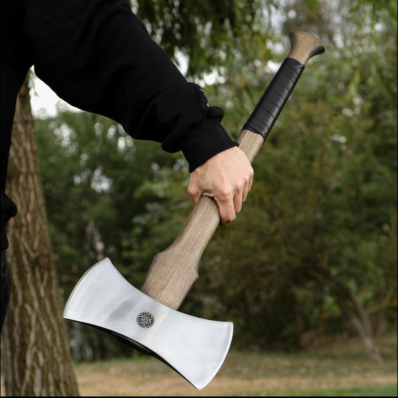 Hand Forged Double Bit Viking Axe – Functional Hardened Steel Battle Hatchet with Ash Wood Handle