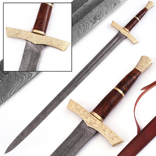 Elite Duelist Damascus Steel Sword – Floral Engraved Brass Guard with Leather Back Sheath