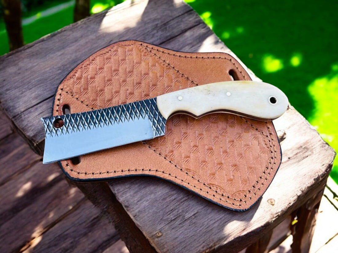 Handmade Farrier Rasp File Knife with Camel Bone Handle – J2 Stainless Steel Fixed Blade with Leather Sheath (8”)