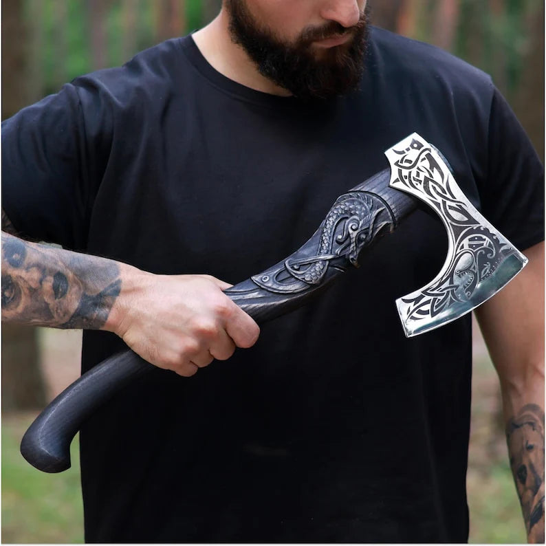 Hand Forged Fenrir Wolf Viking Axe – 1060 High Carbon Steel Bearded Axe with Leather Sheath (17.7”)