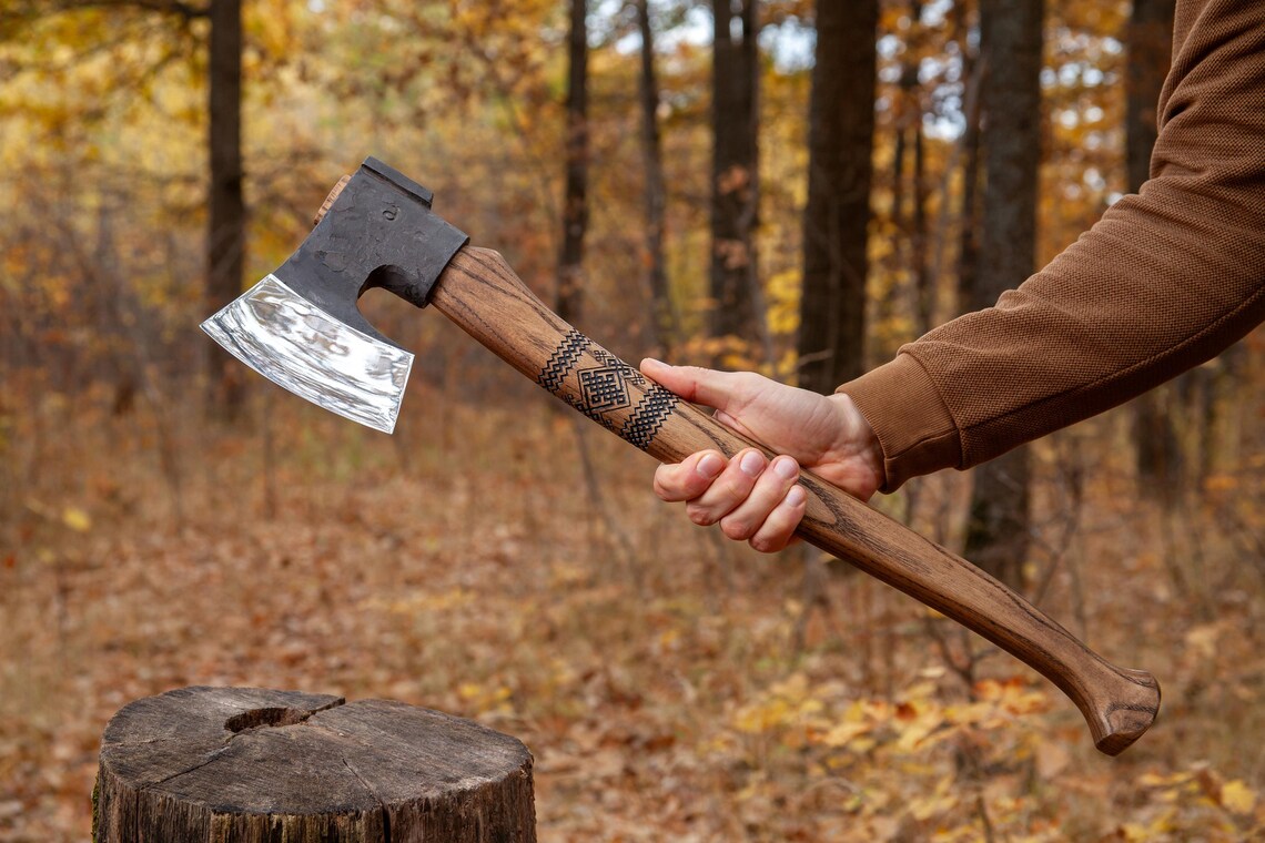 Finnish Style Bushcraft Axe – Hand Forged Carbon Steel Forest Axe with Ash Wood Handle & Leather Sheath