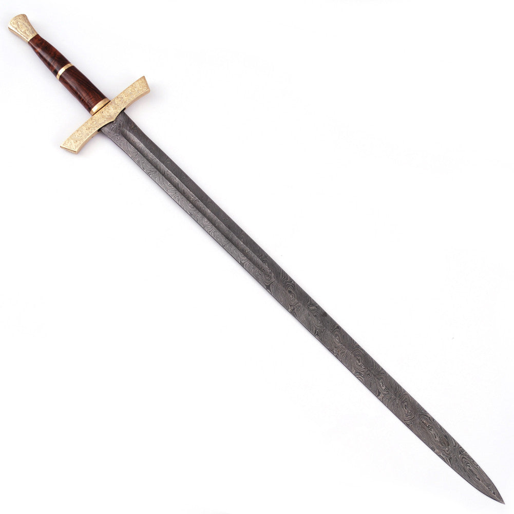 Elite Duelist Damascus Steel Sword – Floral Engraved Brass Guard with Leather Back Sheath