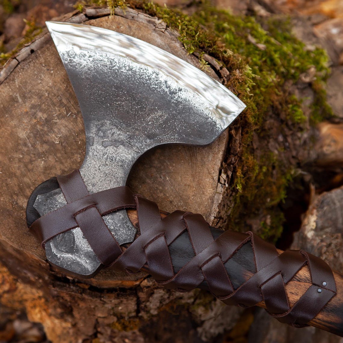 Hand Forged Viking Battle Axe – Carbon Steel Slavic Hatchet with Leather Wrapped Ash Handle