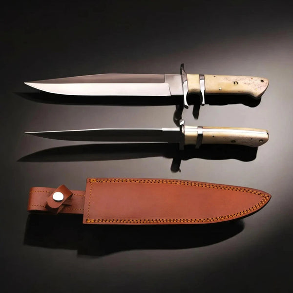 15.5” Handmade D2 Steel Bowie Knife with Camel Bone Handle & Leather Sheath – Full Tang Hunting Knife