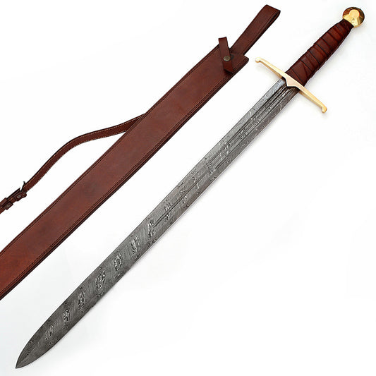 Handmade Full Tang Damascus Berserker Sword with Leather Sheath