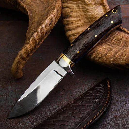 Handmade Stainless Steel Hunting Knife with Wenge Wood Handle & Leather Sheath | Full Tang Outdoor Knife