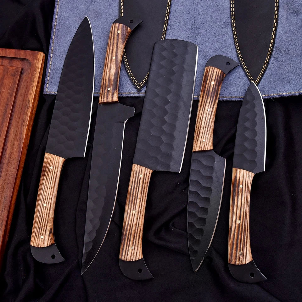 Handmade D2 Steel Hammered 5-Piece Chef Knife Set with Ash Wood Handles & Leather Roll | Knives Zone