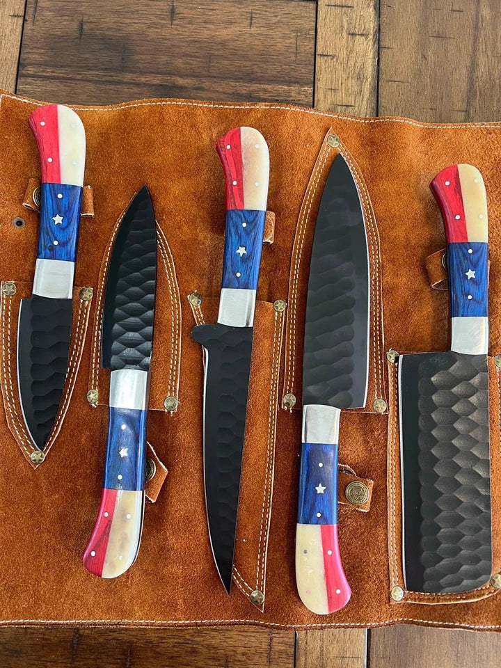 Handmade D2 Steel 5-Piece Chef Knife Set – Texas Flag Handles & Leather Roll | Knives Zone