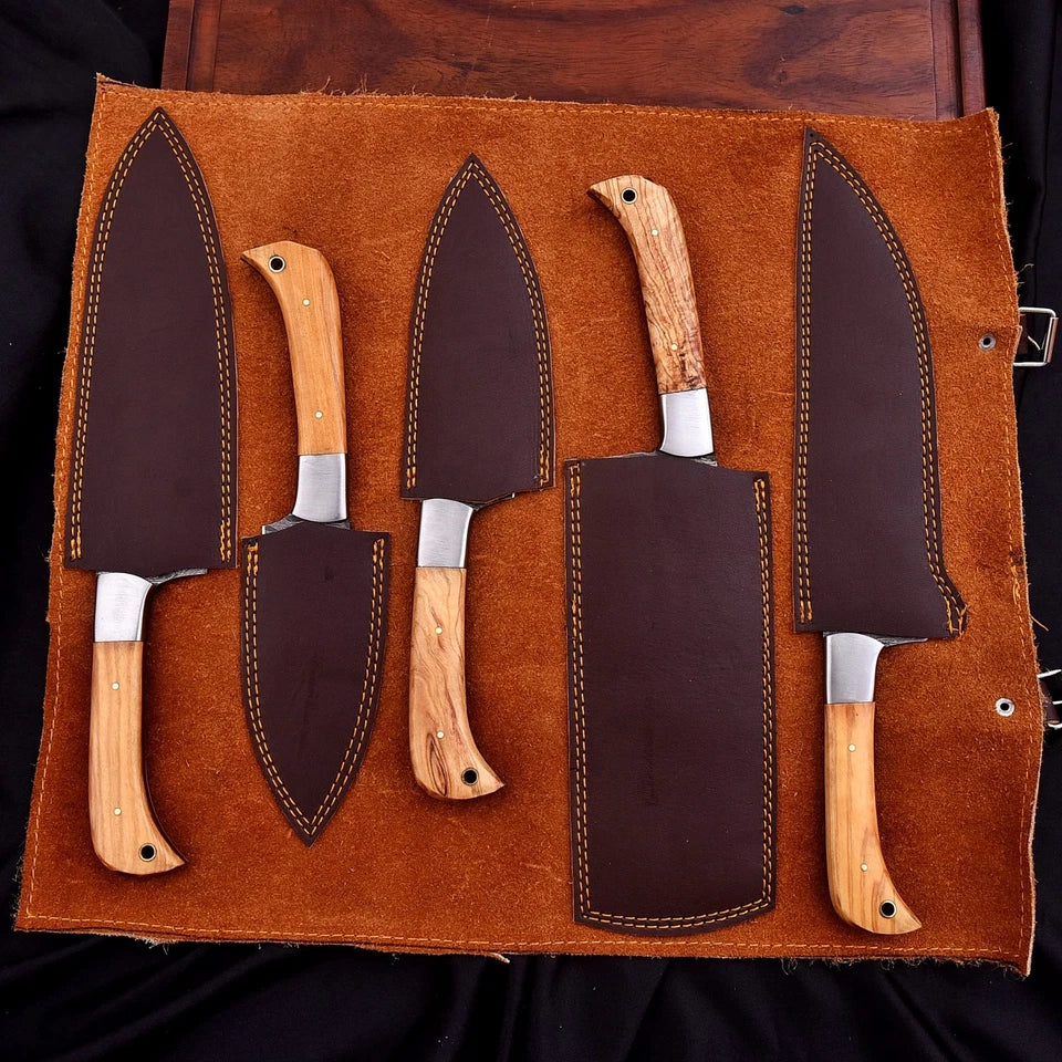 Handmade Damascus 5-Piece Chef Knife Set with Hammered Blades & Wooden Handles | Knives Zone