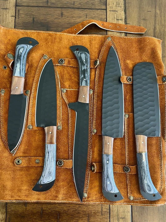 Handmade Hammered High-Carbon Steel 5-Piece Chef Knife Set with Wood Handles & Leather Carry Bag | Knives Zone