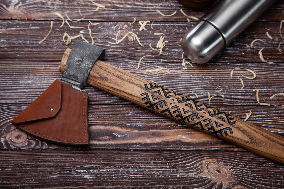 Traditional Hutsul Bartka Axe – Hand Forged Carbon Steel Carpathian Highlander Hatchet with Leather Sheath