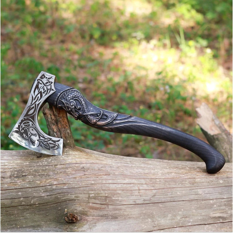 Hand Forged Fenrir Wolf Viking Axe – 1060 High Carbon Steel Bearded Axe with Leather Sheath (17.7”)