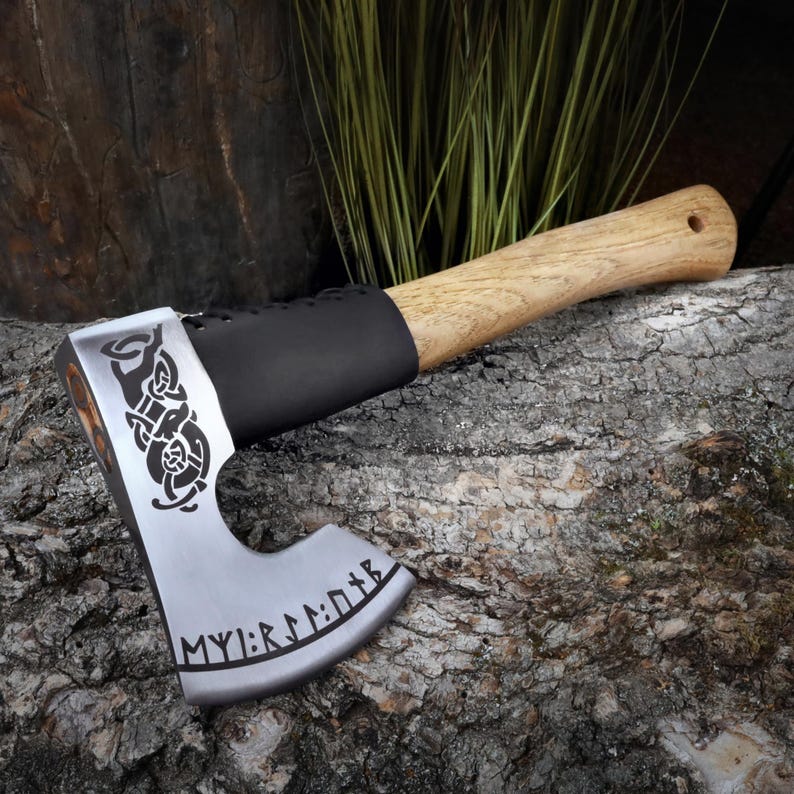 Hand Forged Bearded Bushcraft Axe – 1060 High Carbon Steel Camping Hatchet with Leather Sheath