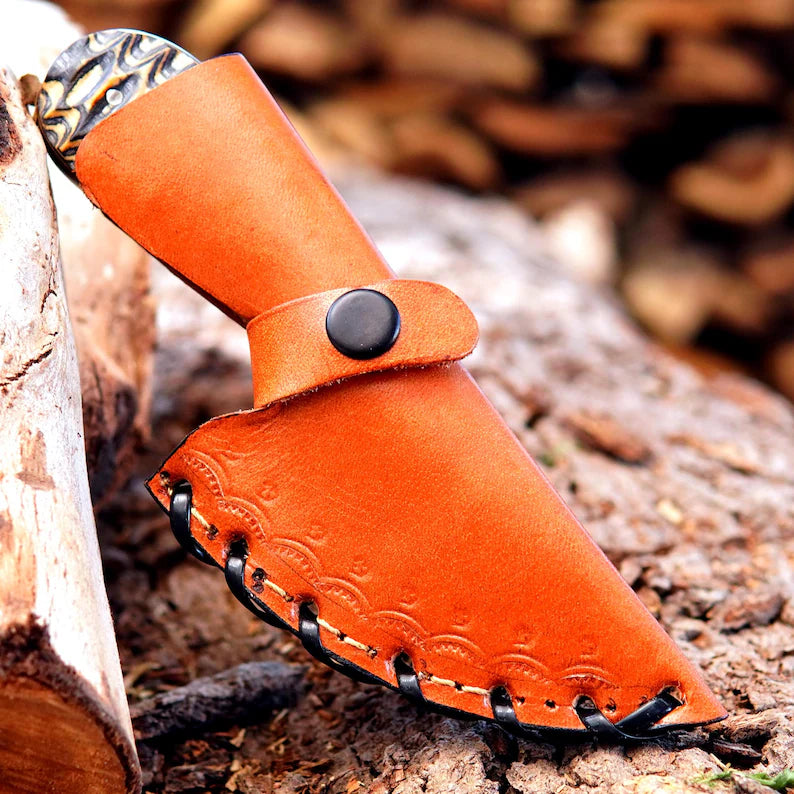 Hand Forged Damascus Skinner Knife – 7" Custom Hunting & Bushcraft Knife with Pakka Wood Handle and Leather Sheath