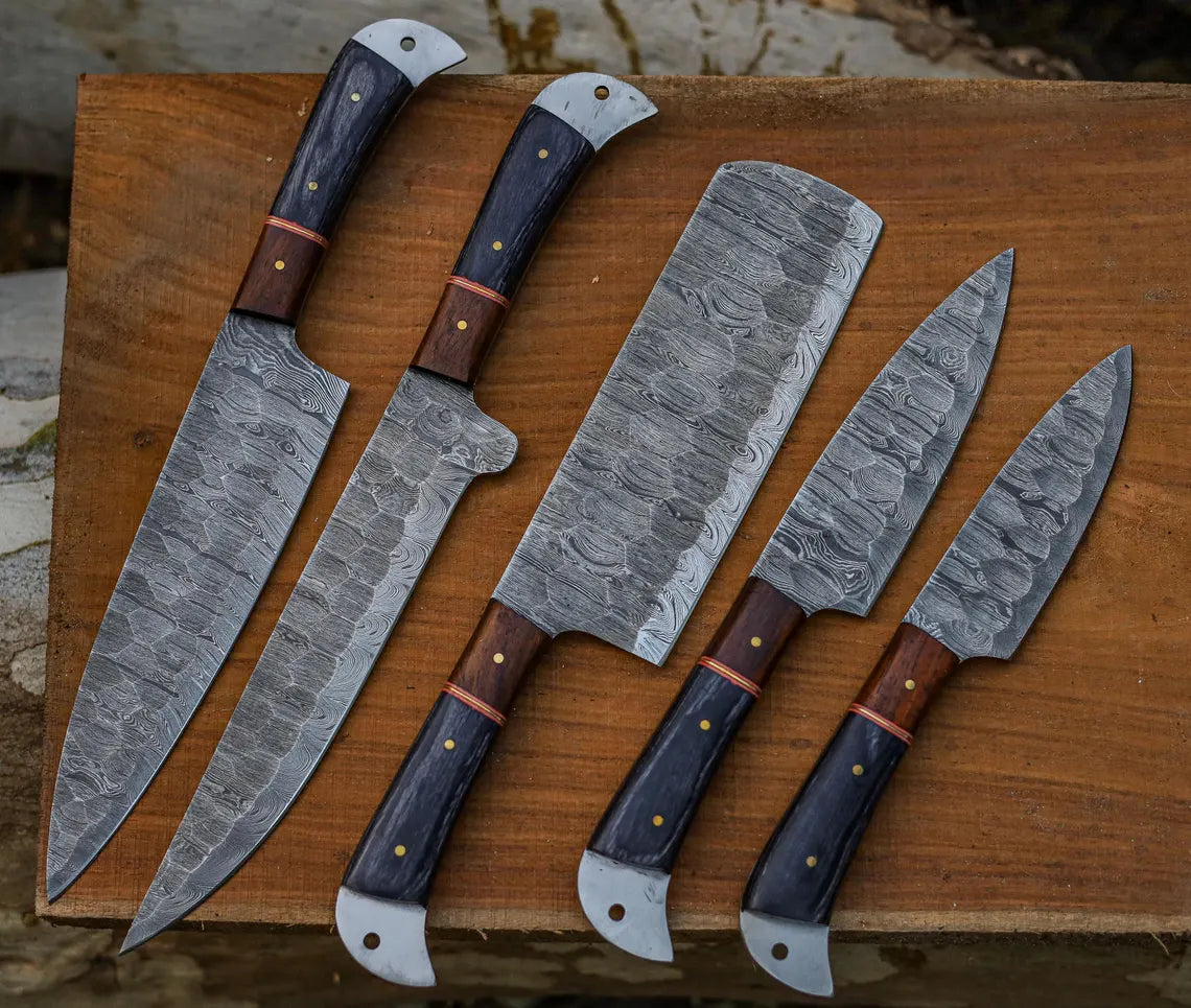 Hand Forged Damascus Steel Chef Knife Set – 5-Piece Kitchen Knives with Rosewood & Pakka Wood Handles | Knives Zone
