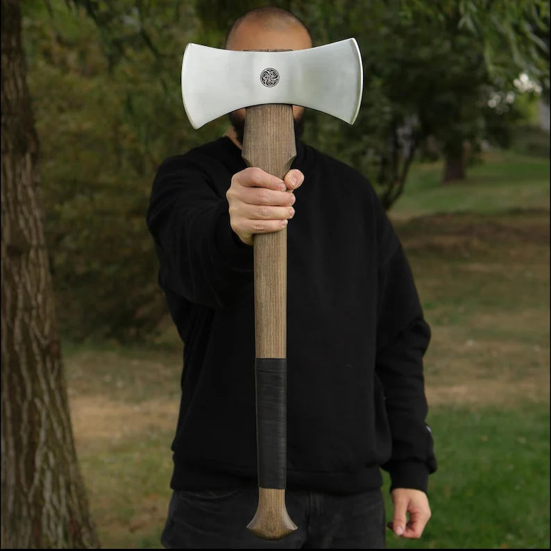 Hand Forged Double Bit Viking Axe – Functional Hardened Steel Battle Hatchet with Ash Wood Handle