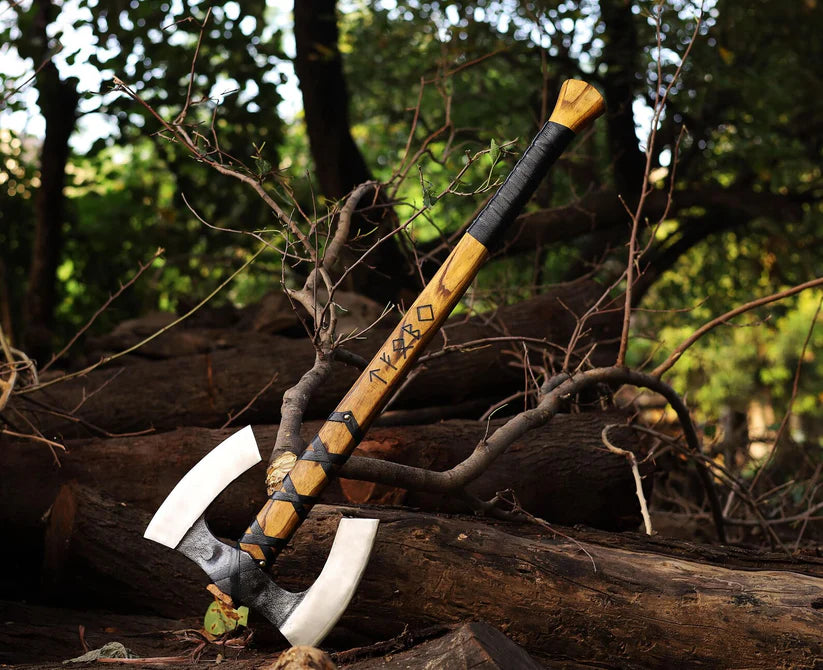 28" Hand-Forged Double Head Viking Axe – Carbon Steel Battle Axe with Leather-Wrapped Ash Wood Handle