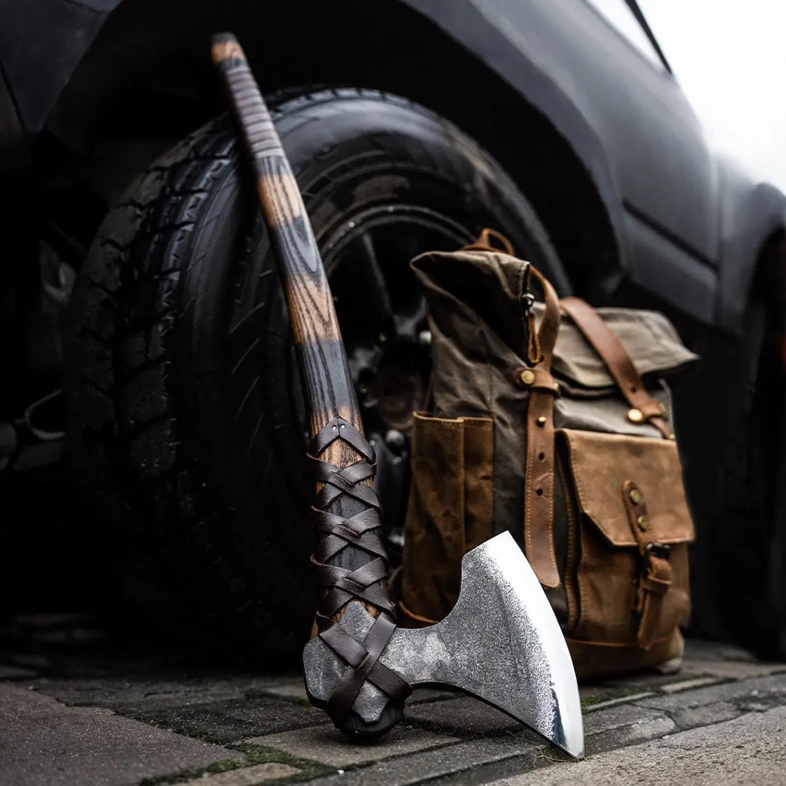 Hand Forged Viking Battle Axe – Carbon Steel Slavic Hatchet with Leather Wrapped Ash Handle