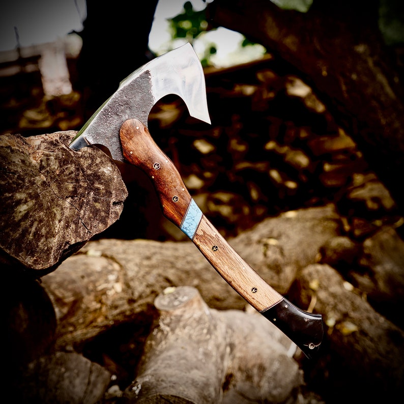 Handcrafted Camping Hatchet Axe with Leather Sheath – 1095 High Carbon Steel Hunting & Throwing Axe (17”)