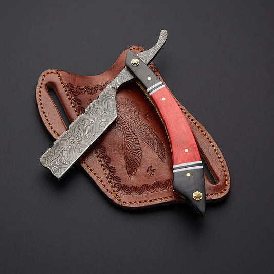 Handcrafted Damascus Steel Straight Razor with Hardwood Handle & Leather Sheath – Classic Wet Shaving Razor