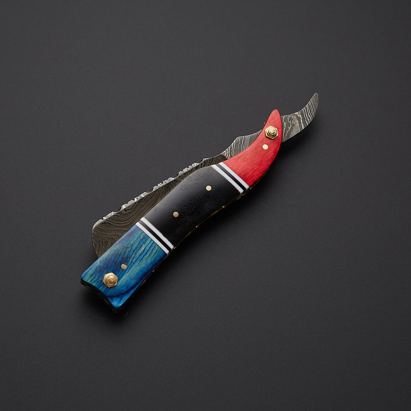 Custom Handmade Damascus Steel Straight Razor with Bone & Wood Handle + Leather Sheath