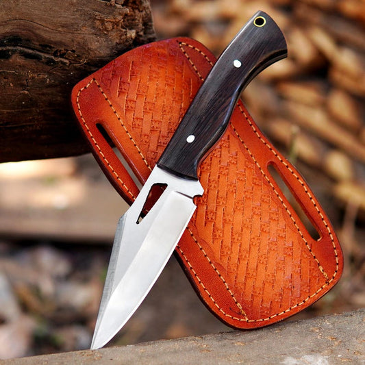 Handmade 8" Bushcraft Skinner Knife – Full Tang High Carbon Steel Hunting Knife with Leather Sheath