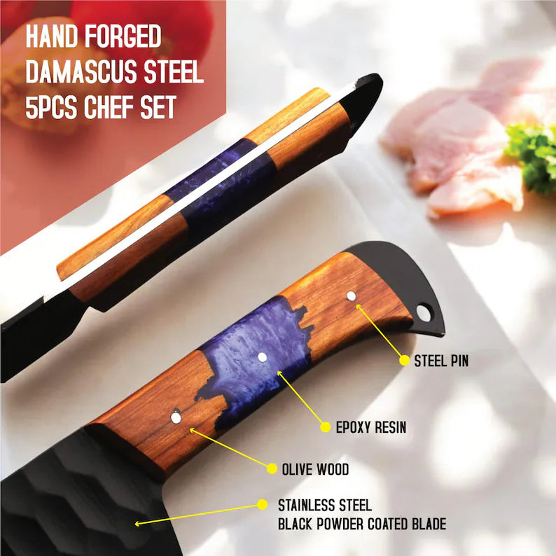 Hand Forged Damascus Chef Knife Set – 5pc Olive Wood & Epoxy Handle Professional Kitchen Knives
