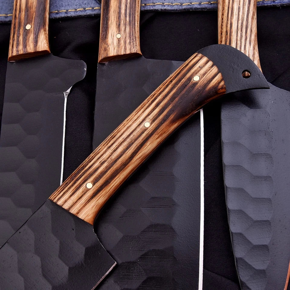 Handmade D2 Steel Hammered 5-Piece Chef Knife Set with Ash Wood Handles & Leather Roll | Knives Zone