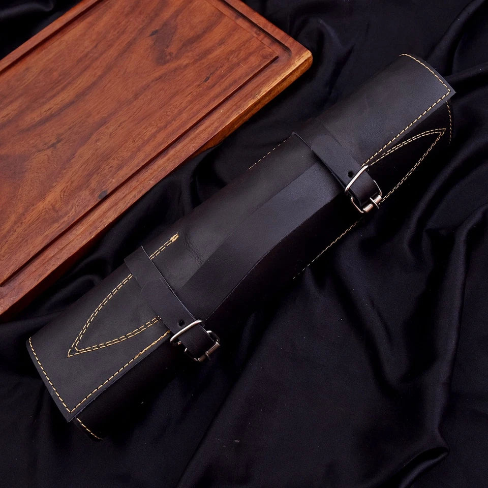 Handmade D2 Steel Hammered 5-Piece Chef Knife Set with Ash Wood Handles & Leather Roll | Knives Zone