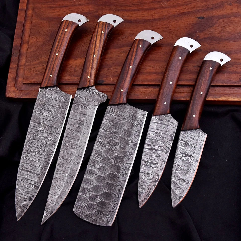 Handmade Damascus 5-Piece Chef Knife Set with Wooden Handles & Leather Roll | Knives Zone