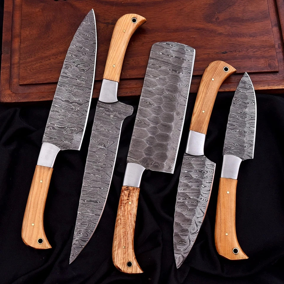 Handmade Damascus 5-Piece Chef Knife Set with Hammered Blades & Wooden Handles | Knives Zone