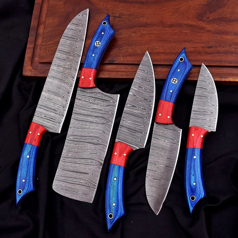 Handmade Damascus Steel 5-Piece Chef Knife Set with Mosaic Pin Wood Handles & Leather Bag | Knives Zone