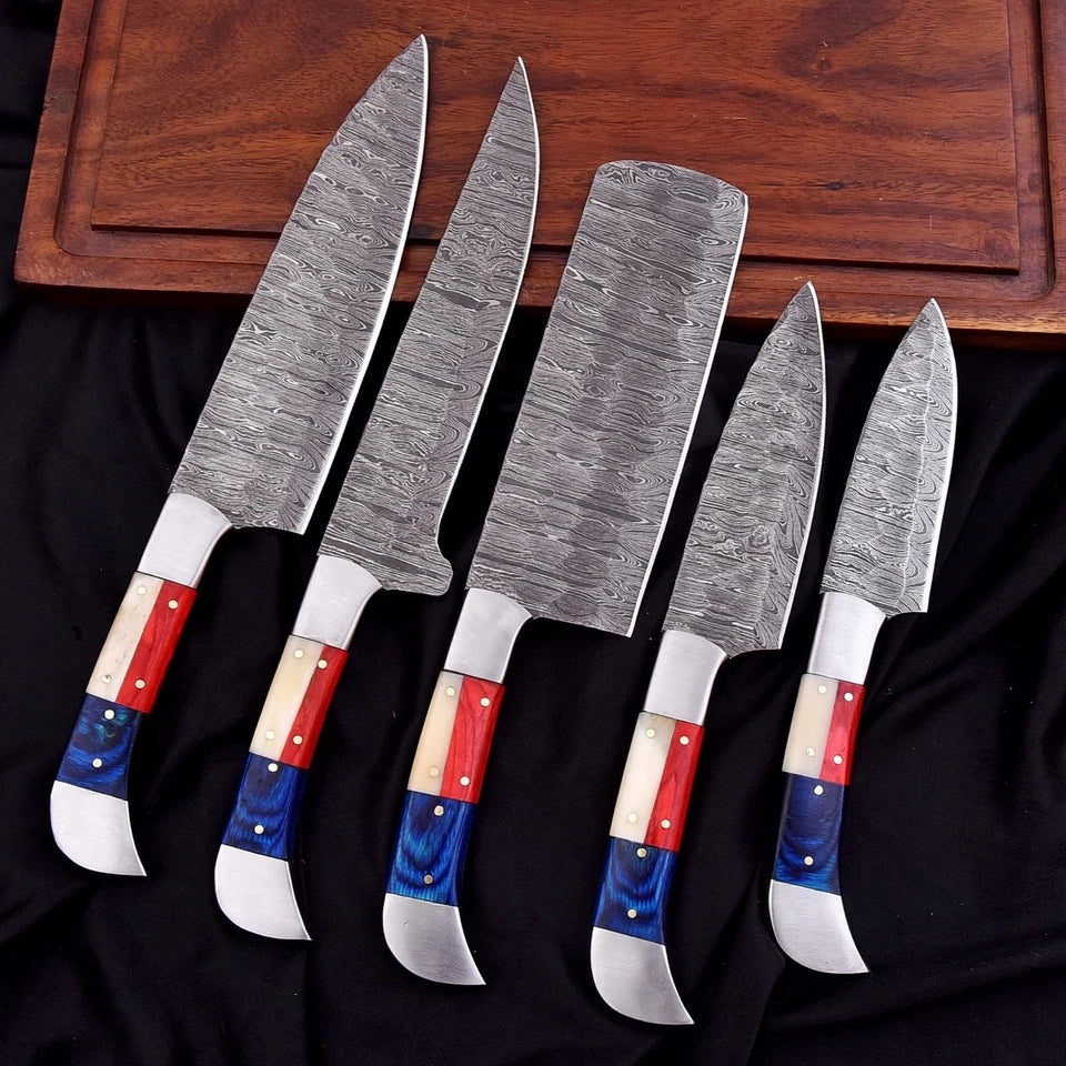 Handmade Damascus 5-Piece Chef Knife Set with Texas Flag Handle & Leather Roll | Knives Zone
