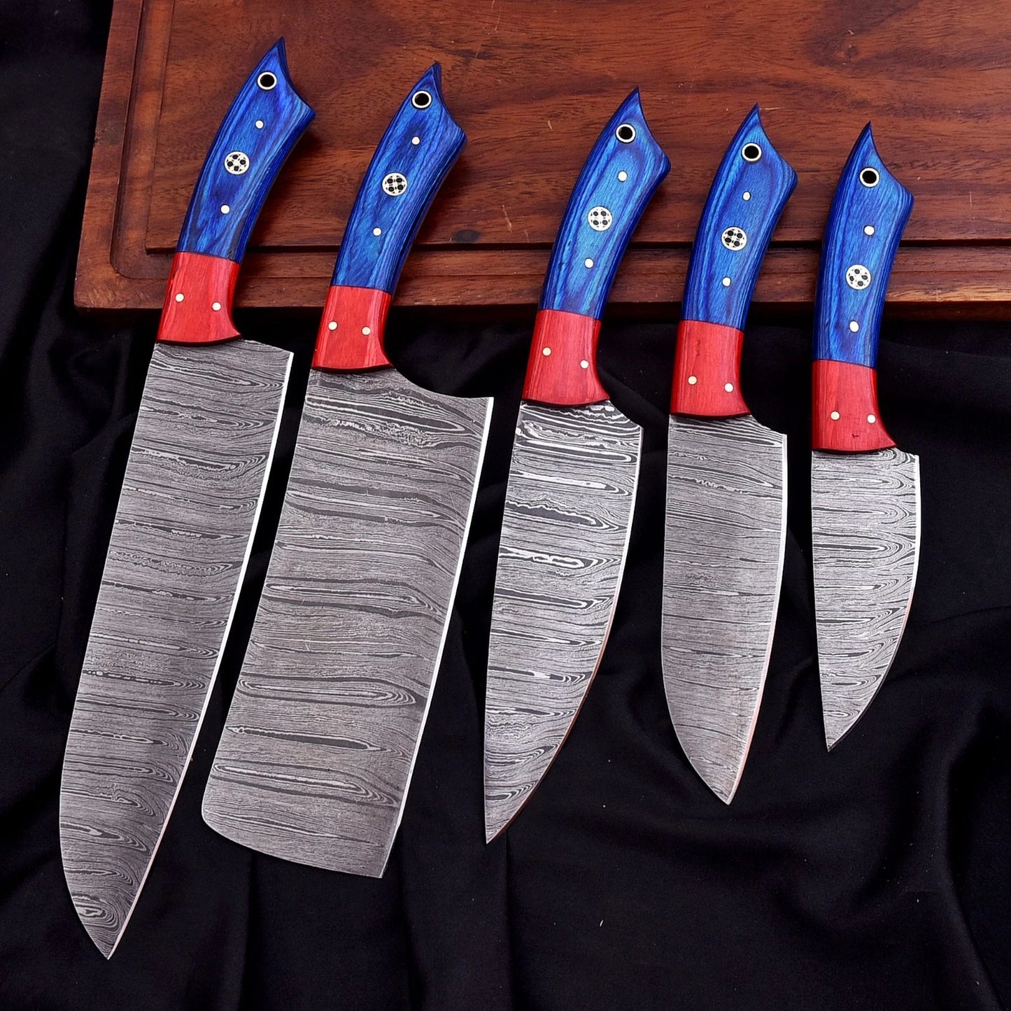 Handmade Damascus Steel 5-Piece Chef Knife Set with Mosaic Pin Wood Handles & Leather Bag | Knives Zone