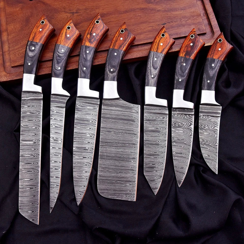 Custom Handmade Damascus Steel Chef Knife Set – 7-Piece Professional Kitchen Knives with Wood Handles & Leather Bag | Knives Zone