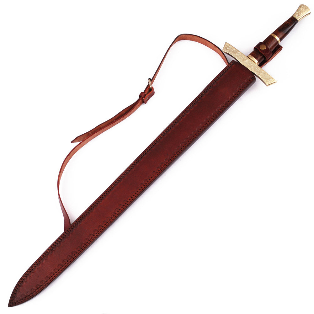 Elite Duelist Damascus Steel Sword – Floral Engraved Brass Guard with Leather Back Sheath