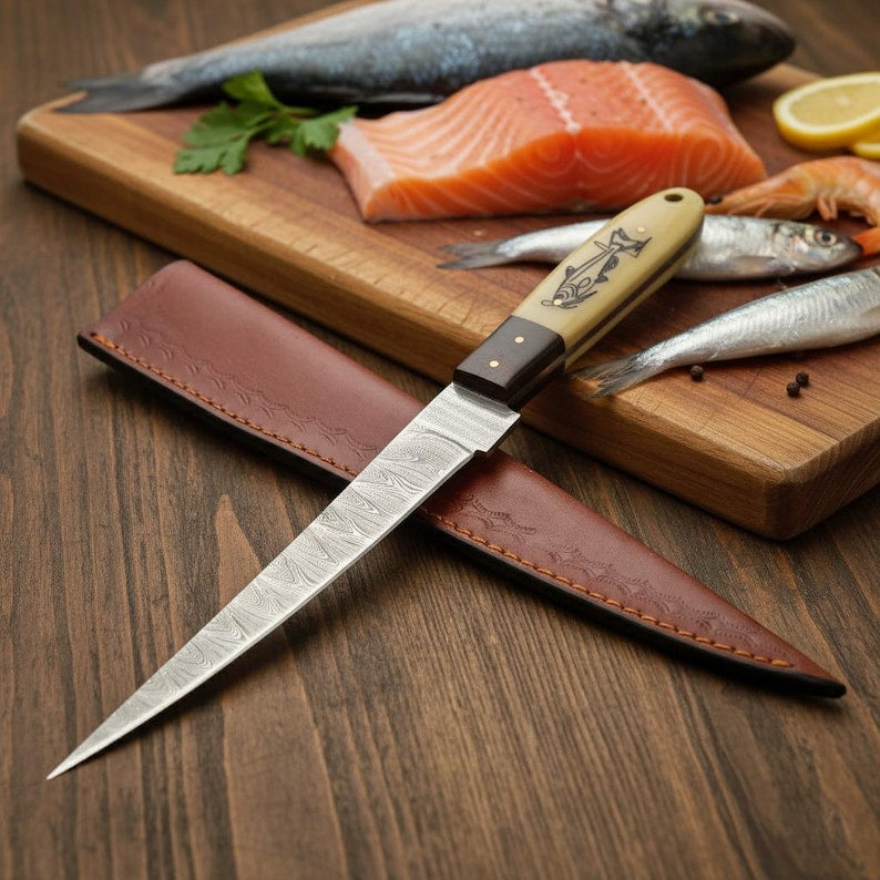 Handmade Damascus Steel Fillet Knife – 13” Fishing Knife with Camel Bone Handle – Personalized Gift for Fisherman & Husband