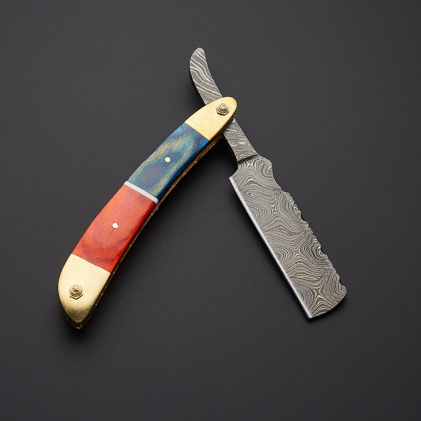 Custom Handmade Damascus Steel Straight Razor with Leather Sheath | Knives Zone
