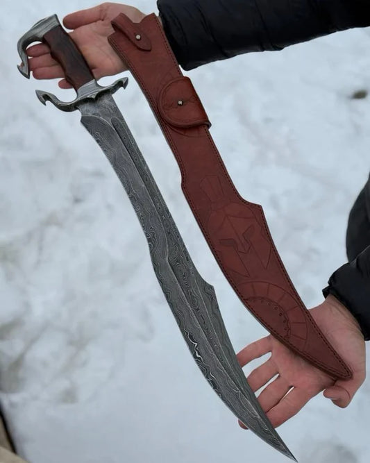26” Handmade Damascus Spartan Sword – Rosewood Handle with Leather Sheath | Knives Zone