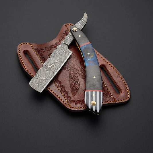 Custom Handmade Damascus Steel Straight Razor with Leather Sheath | Blue Resin & Wood Handle Barber Razor