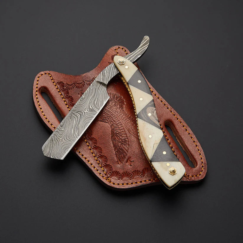Custom Handmade Damascus Steel Straight Razor with Leather Sheath | Geometric Bone Handle Barber Razor