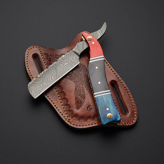 Custom Handmade Damascus Steel Straight Razor with Bone & Wood Handle + Leather Sheath