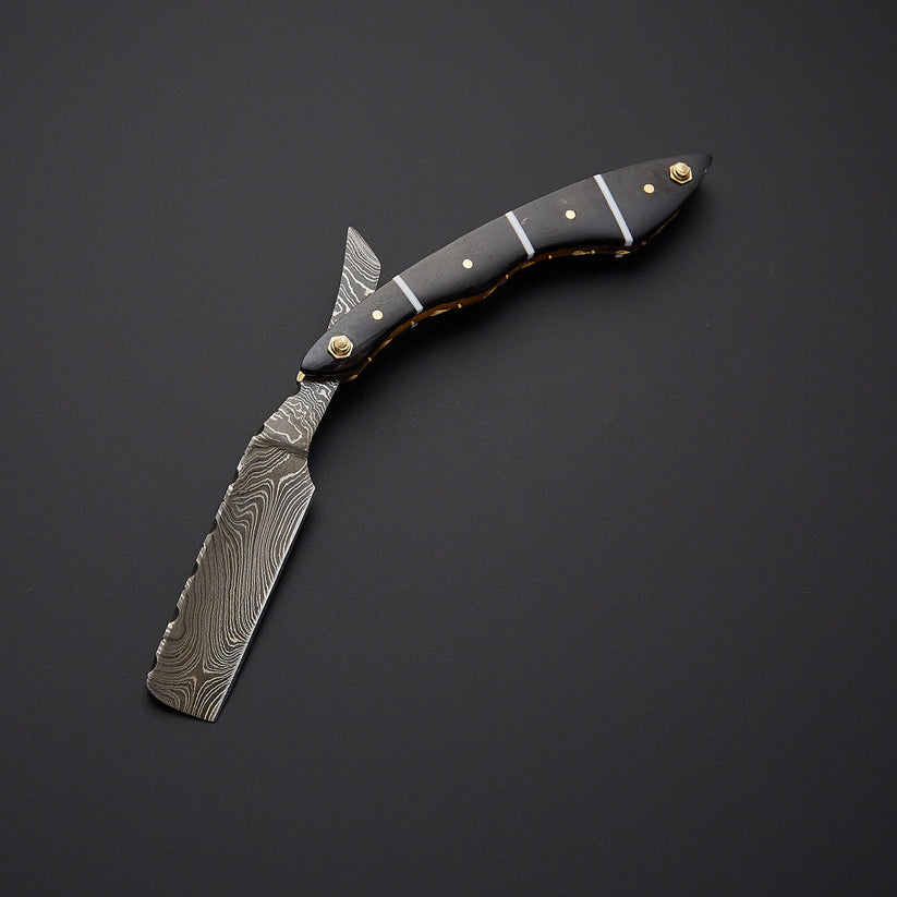 Custom Handmade Damascus Steel Straight Razor with Leather Sheath | Knives Zone
