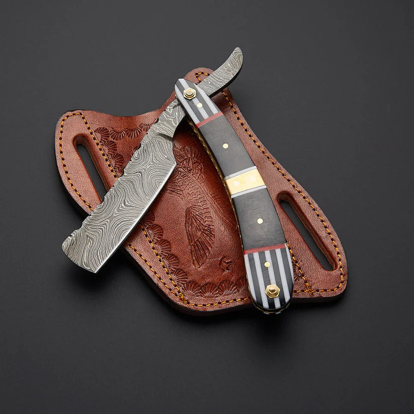 Custom Handmade Damascus Steel Straight Razor with Leather Sheath | Bone & Wood Handle | Barber Shaving Razor
