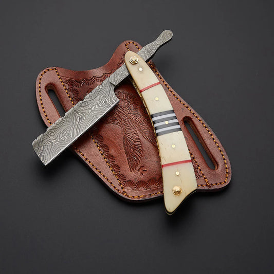 Handmade Damascus Steel Straight Razor with Bone Handle & Leather Sheath | Custom Barber Razor