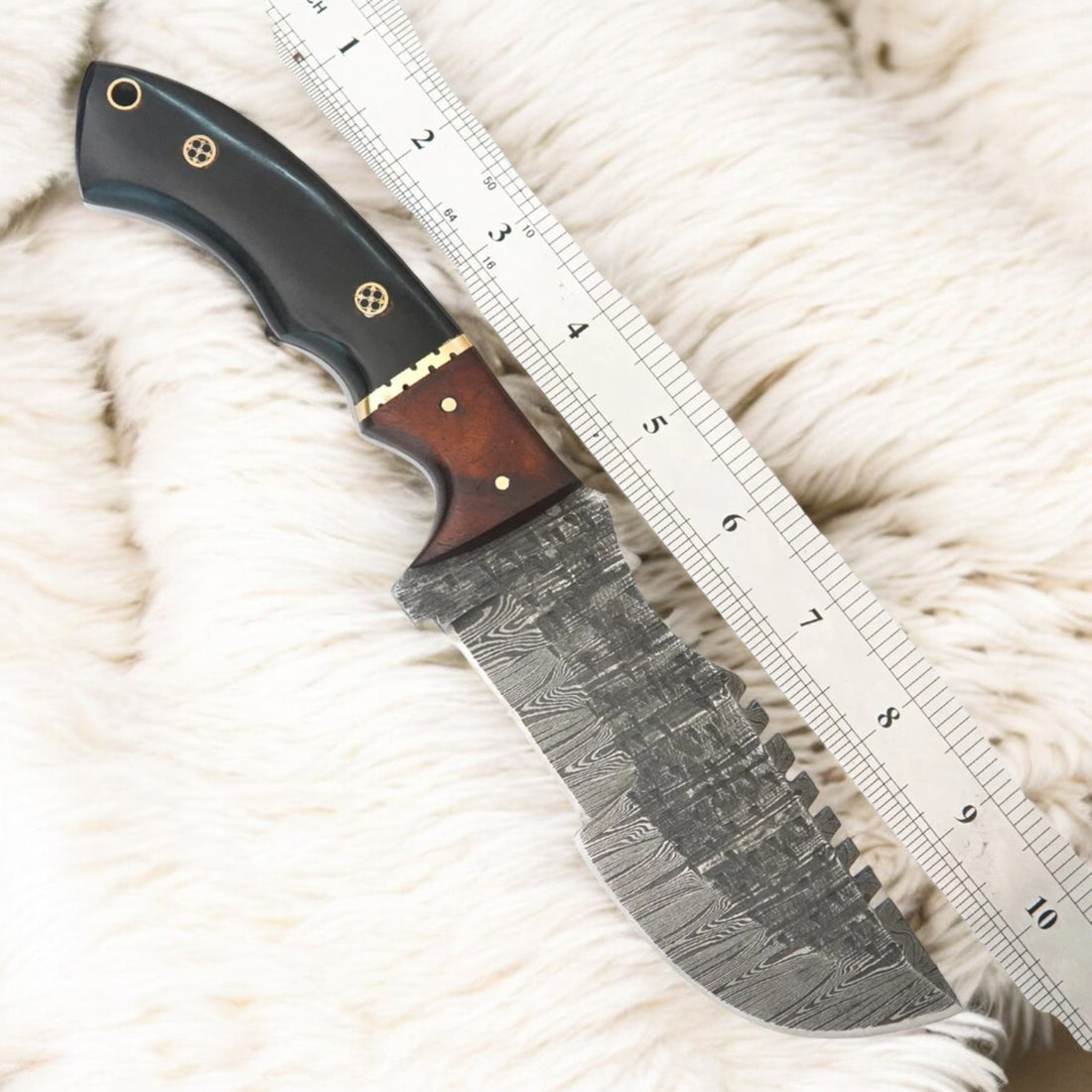 Custom Handmade Damascus Tracker Knife – 10” Survival Hunting Blade with Buffalo Horn Handle & Leather Sheath