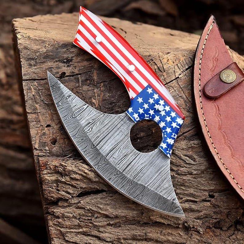 Custom Handmade Damascus Steel Ulu Knife with Leather Sheath | Viking Style Pizza Cutter & Utility Knife